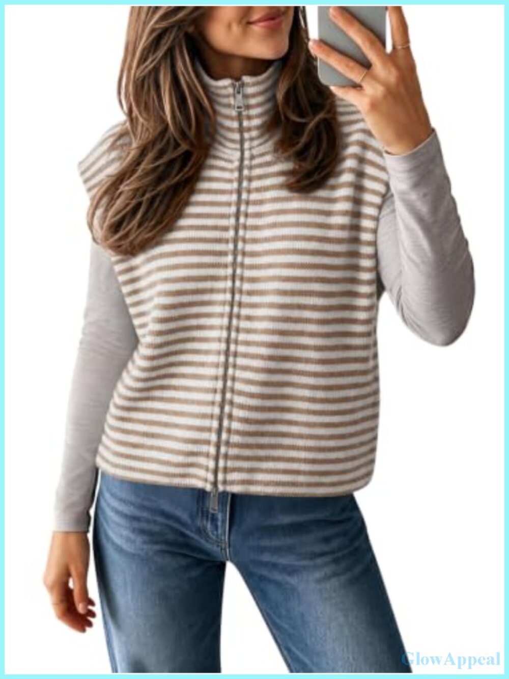 Women Striped Zip Up Knit Sweater Vest Lightweight Cardigan